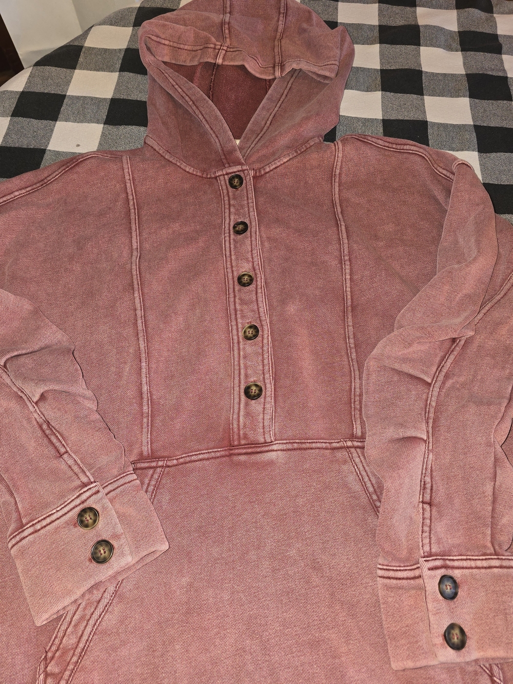 Hem & Thread Washed Rose Button-Placket Hoodie